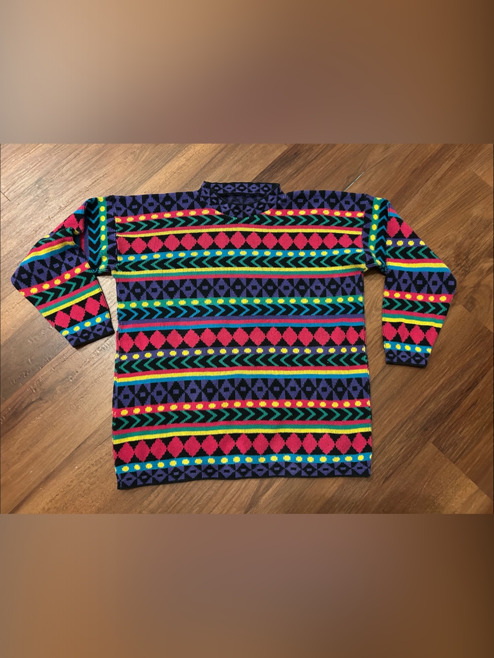 Vintage 80s 90s Bold Funky Eclectic Geometric Knit Striped Colorful Sweater